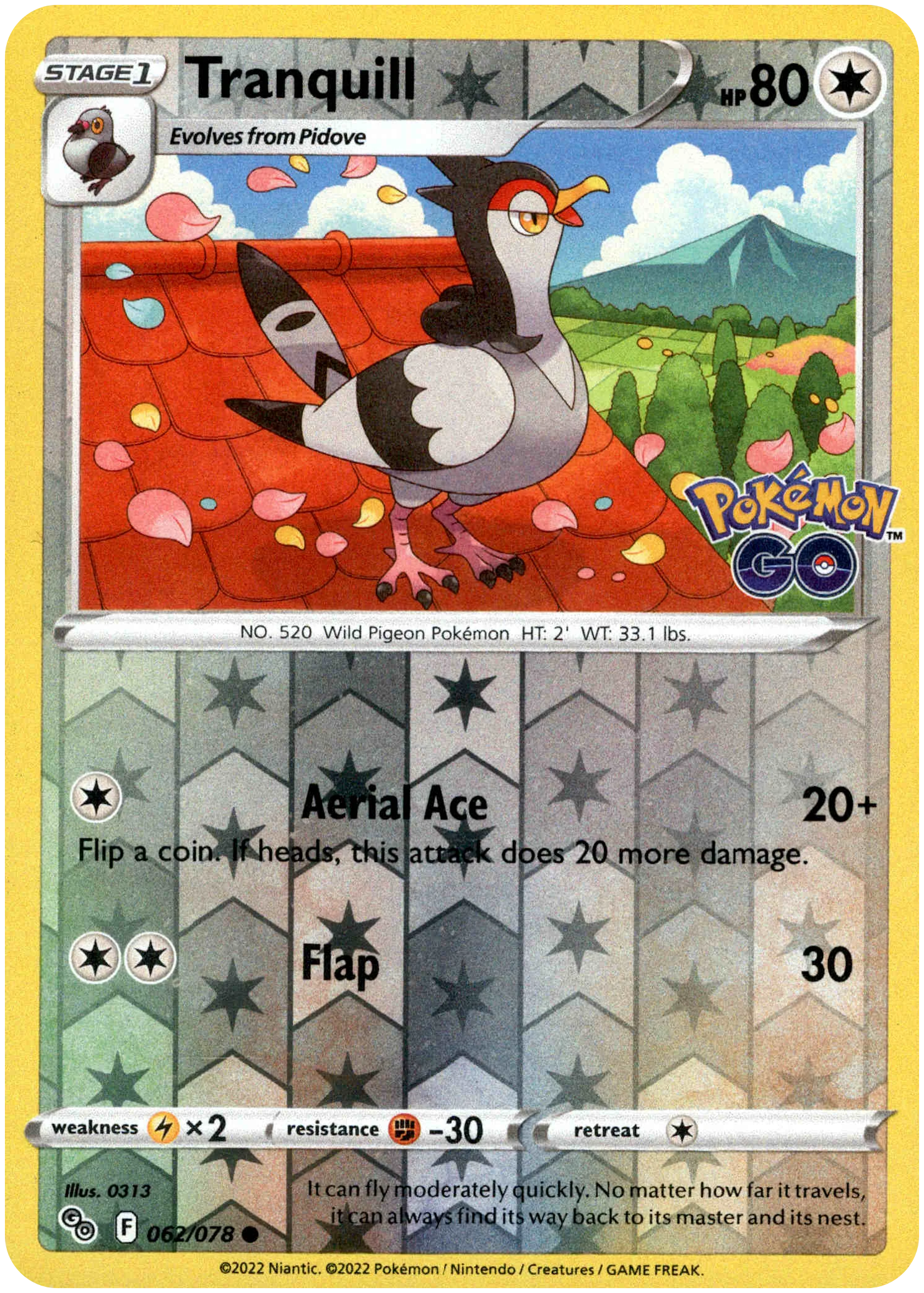 Tranquill - 062/078 - Pokemon Go - Reverse Holo